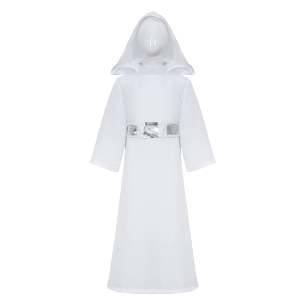 Children's Princess Cosplay Costume Girls Leia Costume Dress White Tunic Hooded Robe Halloween Kids Outfit