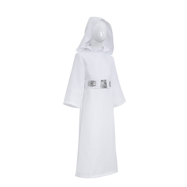 Children's Princess Cosplay Costume Girls Leia Costume Dress White Tunic Hooded Robe Halloween Kids Outfit