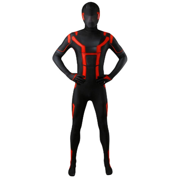 Cyberpunk Bodysuit Men Boys Black Zentai With Red Lines Futuristic Halloween Costume Jumpsuit