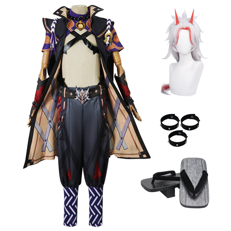 Genshin Impact Arataki Itto Full Set Cosplay Costume+Wigs+Wooden Clogs Shoes Halloween Carnival Cosplay Outfit Set