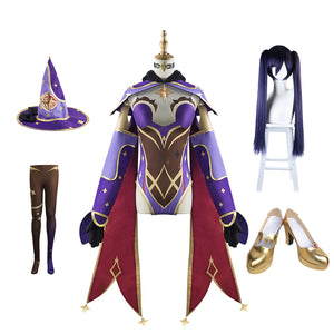 Genshin Impact Astrologist Mona Megistus Full Set Cosplay Costume With Wigs and Cosplay Shoes Halloween Cosplay Outfit
