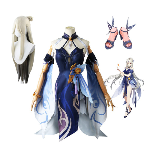 Genshin Impact Ningguang Skin Orchid's Evening Gown Whole Set Costume+Wigs+Shoes Halloween Carnival Costume Set