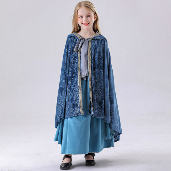 Girl's Renaissance Medieval Dress+ Cloak Costume Elf Princess Halloween Costume Blue Dress Set