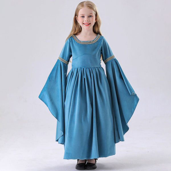 Girl's Renaissance Medieval Dress+ Cloak Costume Elf Princess Halloween Costume Blue Dress Set