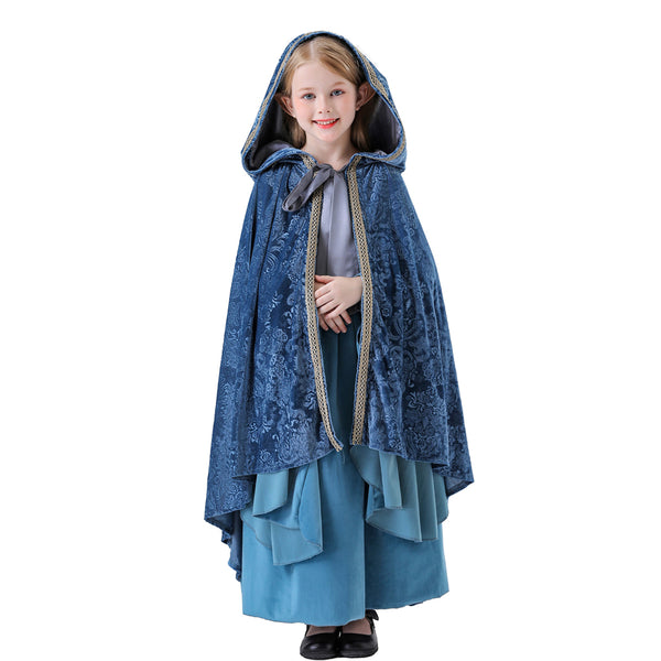 Girl's Renaissance Medieval Dress+ Cloak Costume Elf Princess Halloween Costume Blue Dress Set