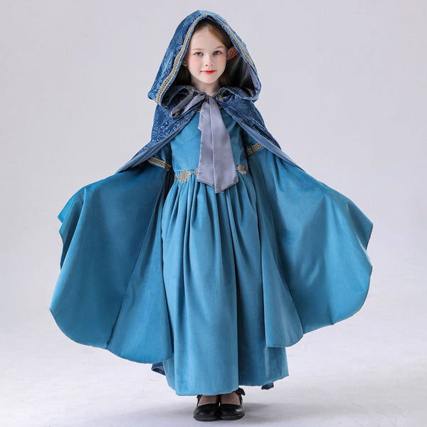 Girl's Renaissance Medieval Dress+ Cloak Costume Elf Princess Halloween Costume Blue Dress Set