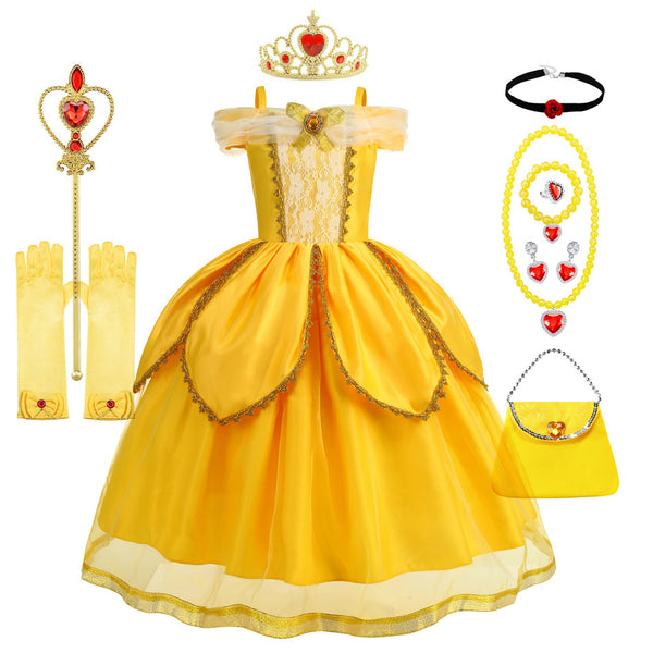 Girls Deluxe Beauty Princess Dress With Accessories Fairytail Yellow Princess Costume Dress