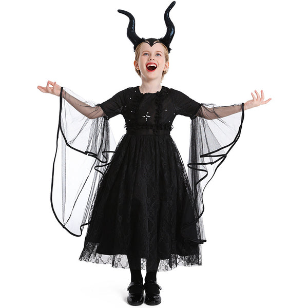 Girls Gothic Witch Costume Dress With Horns Headpiece Halloween Kids Witch Party Dress