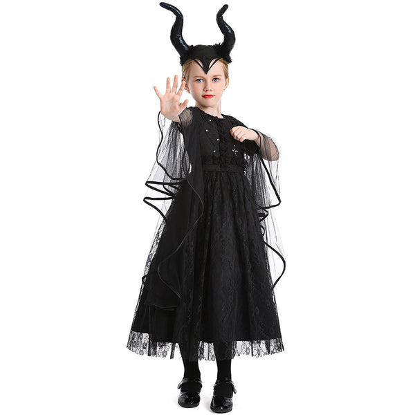 Girls Gothic Witch Costume Dress With Horns Headpiece Halloween Kids Witch Party Dress