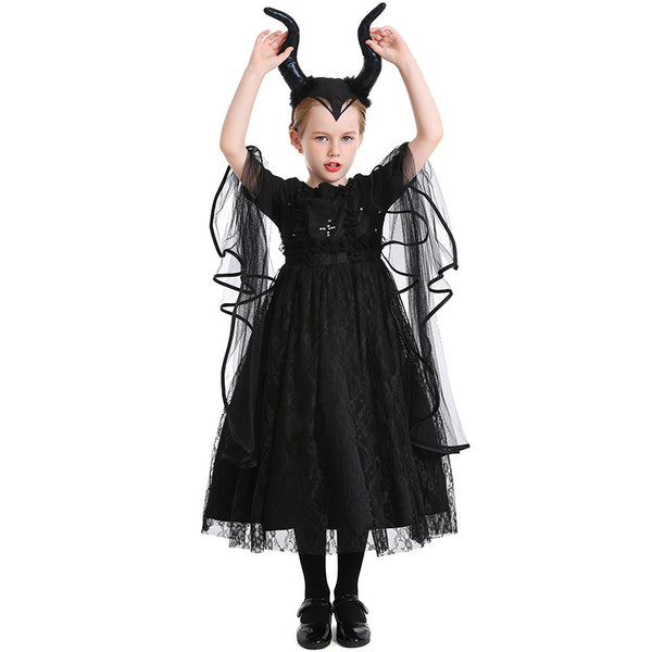 Girls Gothic Witch Costume Dress With Horns Headpiece Halloween Kids Witch Party Dress