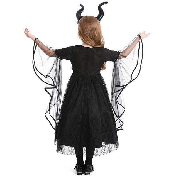 Girls Gothic Witch Costume Dress With Horns Headpiece Halloween Kids Witch Party Dress