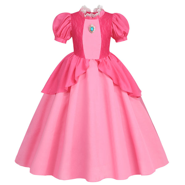Girls Pink Princess Costume Royal Ball Gown with Accessories Kids Fairytale Princess Dress Up Set for Halloween Party