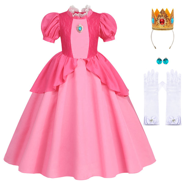 Girls Pink Princess Costume Royal Ball Gown with Accessories Kids Fairytale Princess Dress Up Set for Halloween Party
