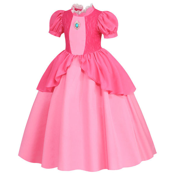 Girls Pink Princess Costume Royal Ball Gown with Accessories Kids Fairytale Princess Dress Up Set for Halloween Party