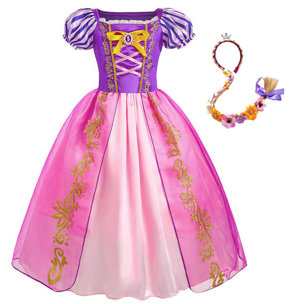 Girls Purple Princess Dress Costume With Wigs Accessories Long Hair Princess Dress For Girls