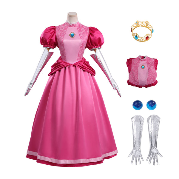 Girls Women Pink Princess Costume Satin Dress Deluxe Halloween Dress Up Cosplay with Crown Gloves