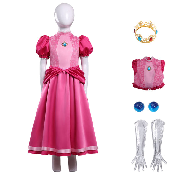 Girls Women Pink Princess Costume Satin Dress Deluxe Halloween Dress Up Cosplay with Crown Gloves