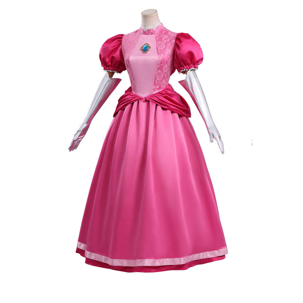 Girls Women Pink Princess Costume Satin Dress Deluxe Halloween Dress Up Cosplay with Crown Gloves