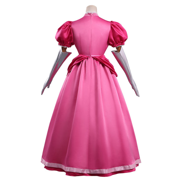 Girls Women Pink Princess Costume Satin Dress Deluxe Halloween Dress Up Cosplay with Crown Gloves