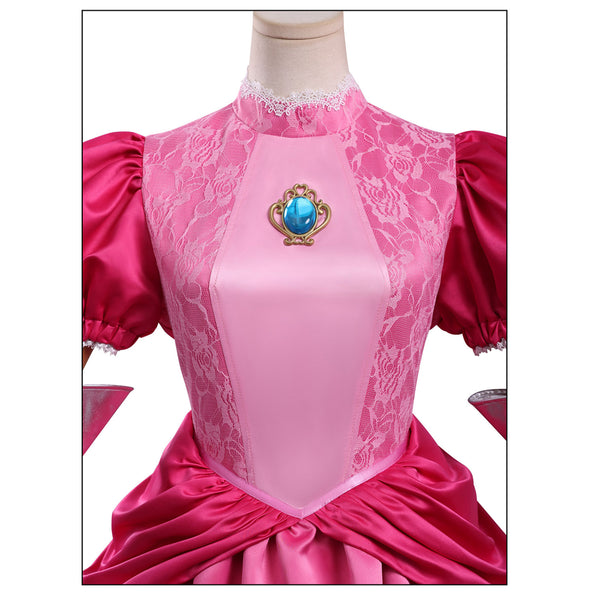 Girls Women Pink Princess Costume Satin Dress Deluxe Halloween Dress Up Cosplay with Crown Gloves