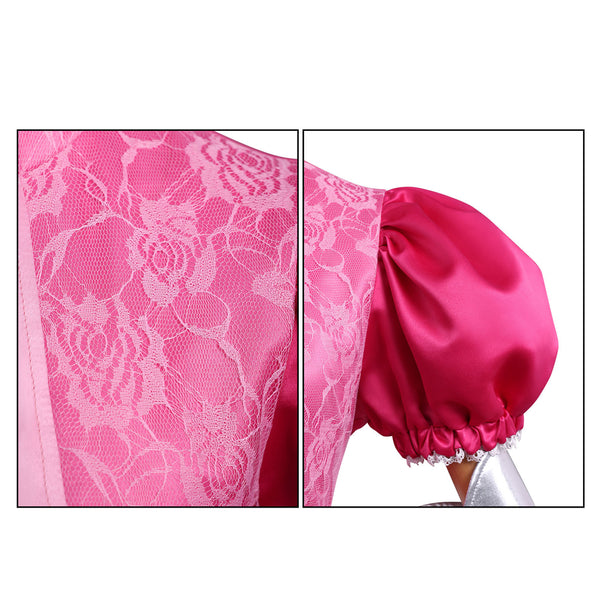 Girls Women Pink Princess Costume Satin Dress Deluxe Halloween Dress Up Cosplay with Crown Gloves