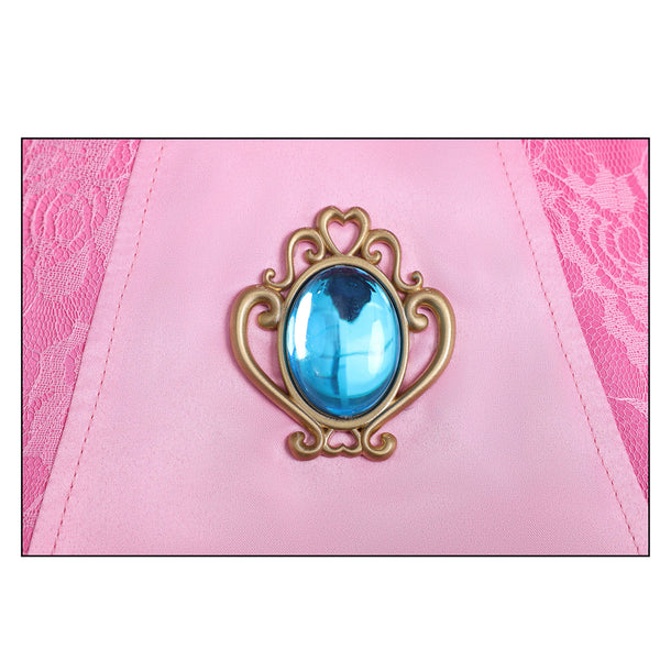 Girls Women Pink Princess Costume Satin Dress Deluxe Halloween Dress Up Cosplay with Crown Gloves