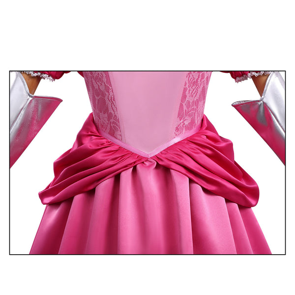Girls Women Pink Princess Costume Satin Dress Deluxe Halloween Dress Up Cosplay with Crown Gloves