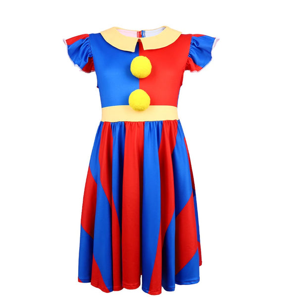 Girls Circus Dress with Gloves Clown Costume Set for Toddler Kids Red and Blue Outfit for Halloween