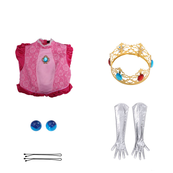 Girls Women Pink Princess Costume Satin Dress Deluxe Halloween Dress Up Cosplay with Crown Gloves