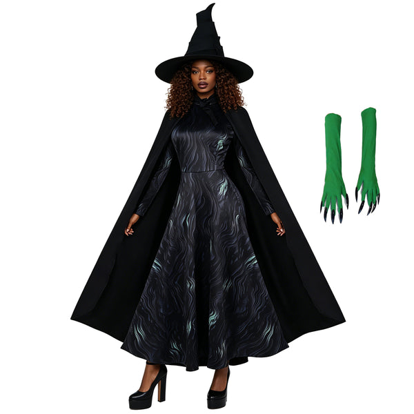 Halloween Witch Costume Set Wicked Witch Dress With Hat Cloak and Green Gloves Elphabba Cosplay Outfit