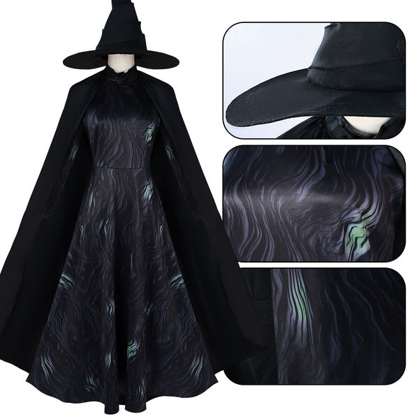 Halloween Witch Costume Set Wicked Witch Dress With Hat Cloak and Green Gloves Elphabba Cosplay Outfit