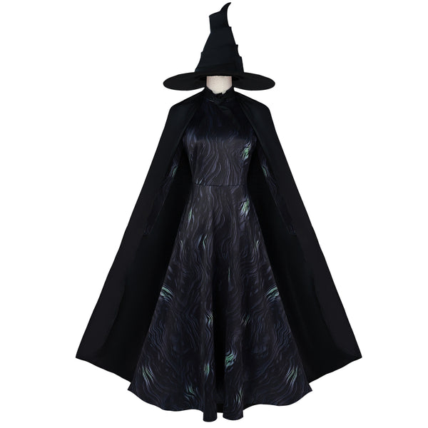 Halloween Witch Costume Set Wicked Witch Dress With Hat Cloak and Green Gloves Elphabba Cosplay Outfit
