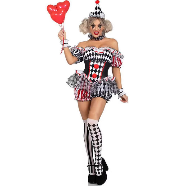 Halloween Women Sexy Clown Dress Costume Off Shoulder Party Dress Up