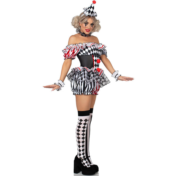 Halloween Women Sexy Clown Dress Costume Off Shoulder Party Dress Up