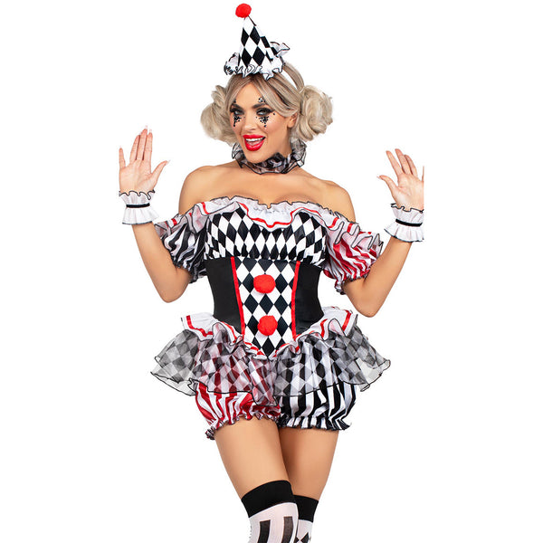 Halloween Women Sexy Clown Dress Costume Off Shoulder Party Dress Up