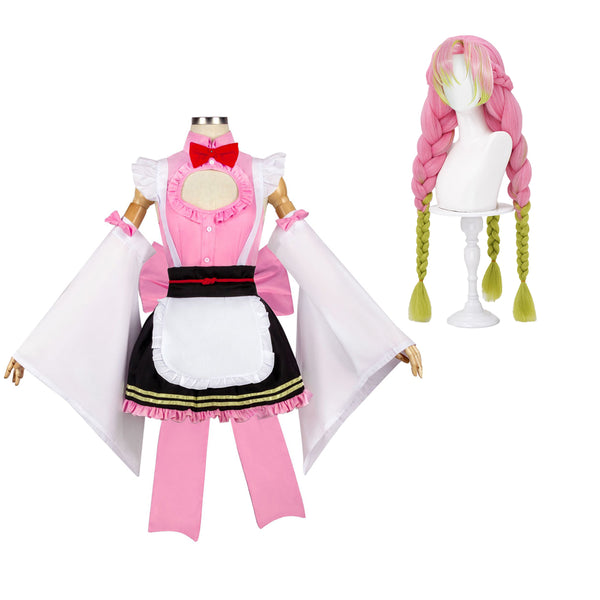 Kanroji Mitsuri Cosplay Costume Kimono Women Girls Maid Dress With Wigs Halloween Full Set