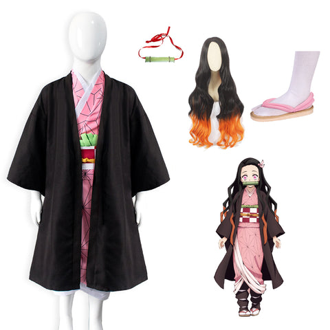 Kids Anime Demon Slayer Kamado Nezuko Cosplay Costume Girls Kimono Dress Full Set With Wigs and Shoes