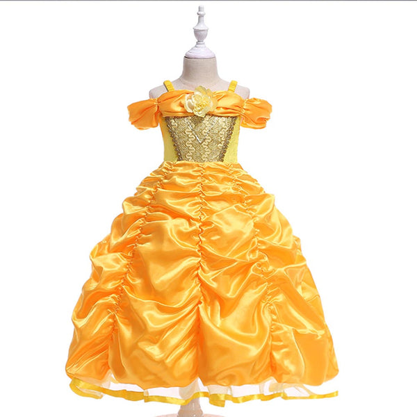 Kids Girls Princess Costume Yellow Dress Fairytale Beauty Costume
