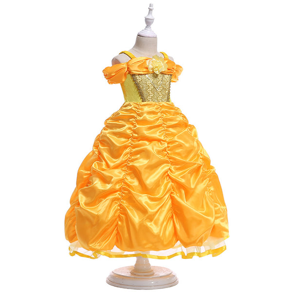 Kids Girls Princess Costume Yellow Dress Fairytale Beauty Costume