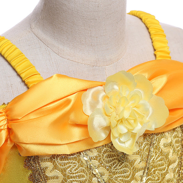 Kids Girls Princess Costume Yellow Dress Fairytale Beauty Costume