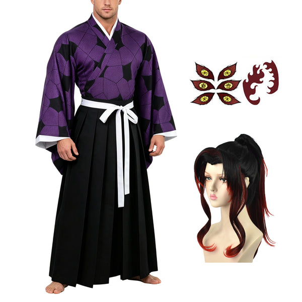 Kokushibo Purple Costume Kimono With Wigs and Tattoo Sticker Halloween Anime Cosplay Outfit Unisex