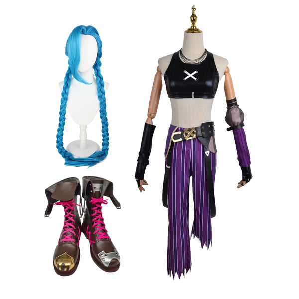 Jinx Arcane Costume Whole Set Cosplay Costume Suit and Wigs and Boots Set Halloween Outfit
