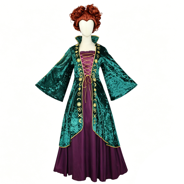 Medieval Green Velvet Witch Dress Set Cosplay Winifred Costume for Women Halloween Dress Up Outfit