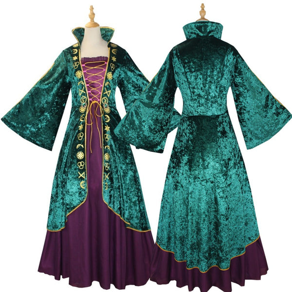 Medieval Green Velvet Witch Dress Set Cosplay Winifred Costume for Women Halloween Dress Up Outfit