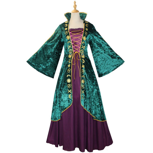 Medieval Green Velvet Witch Dress Set Cosplay Winifred Costume for Women Halloween Dress Up Outfit