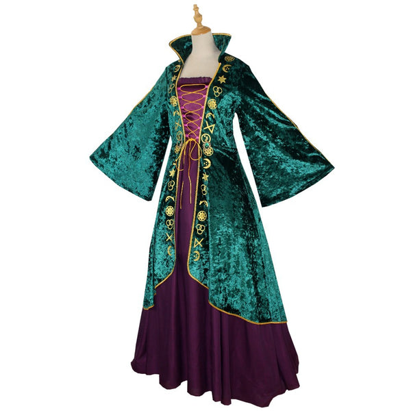 Medieval Green Velvet Witch Dress Set Cosplay Winifred Costume for Women Halloween Dress Up Outfit