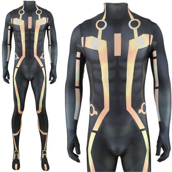 Men Boys Cyberpunk Zentai Black Jumpsuit With Yellow Lines Sci-Fi Halloween Costume Jumpsuit