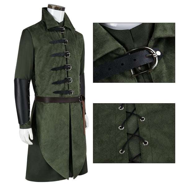 Men's Medieval Hooded Surcoat Renaissance Elf Costume Suit Halloween Viking Costume