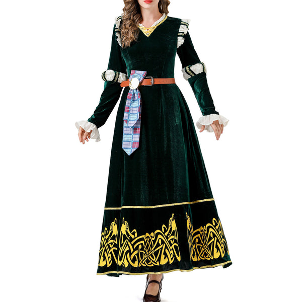 Princess Cosplay Costume Womens Halloween Outfits Retro Medieval Green Dress Gown