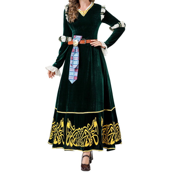 Princess Cosplay Costume Womens Halloween Outfits Retro Medieval Green Dress Gown
